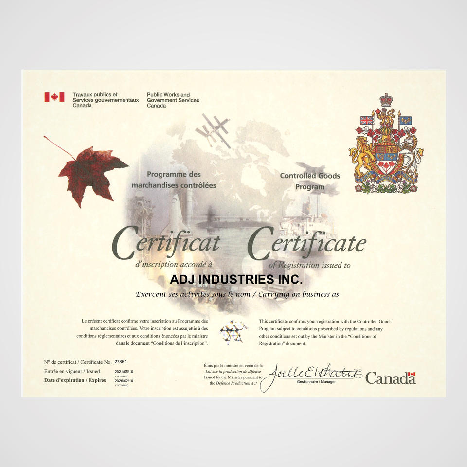 Controlled Goods Program Certificate of Registration issued to ADJ Industries Inc.
