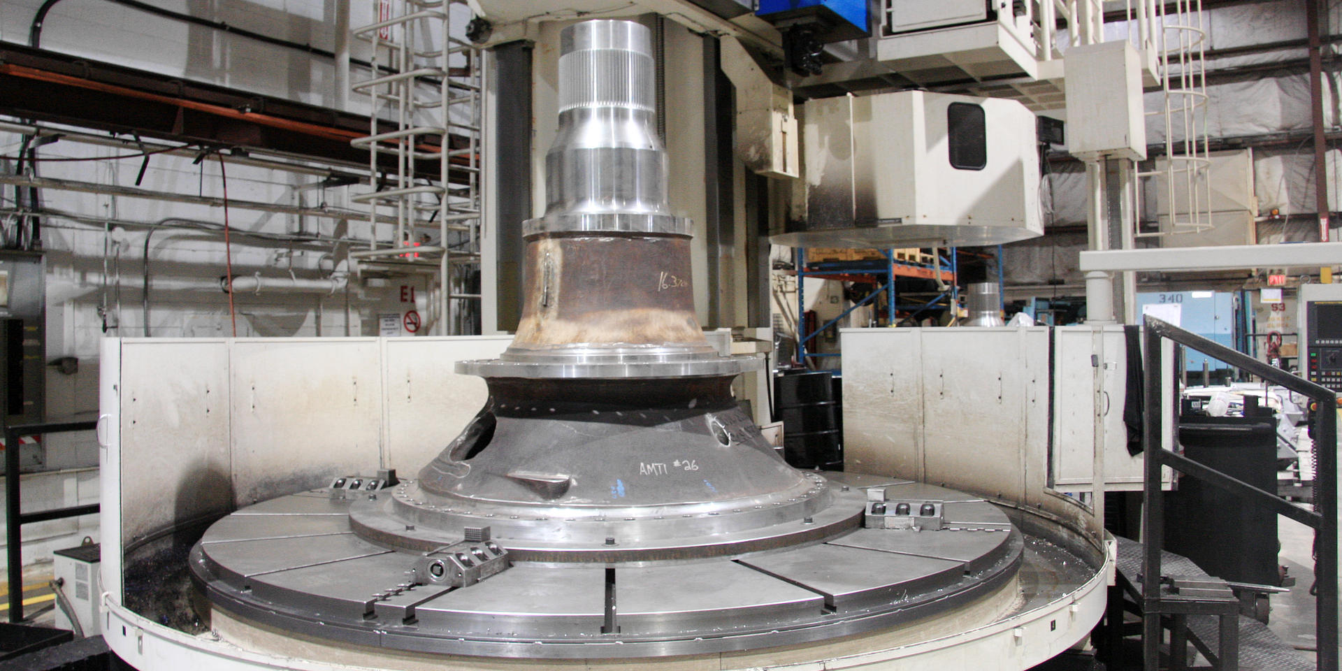 Rear spindle being machined on a TSS Lathe. The spindle is part of the mining industry.