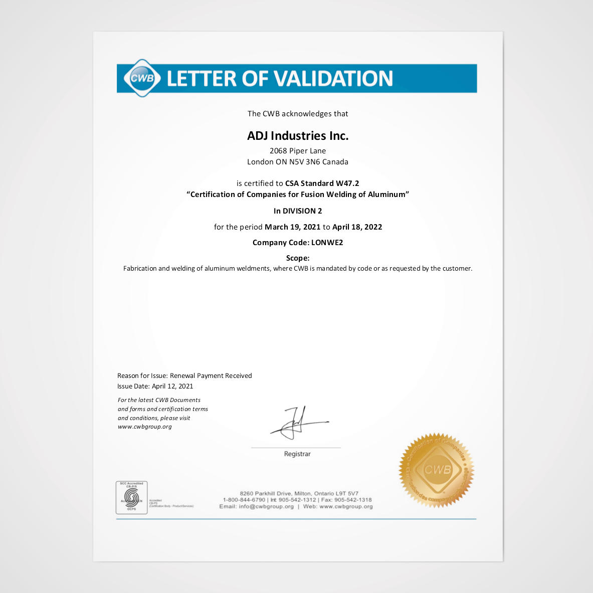 CSA W47.2 Fusion Welding Aluminum Certificate CWB