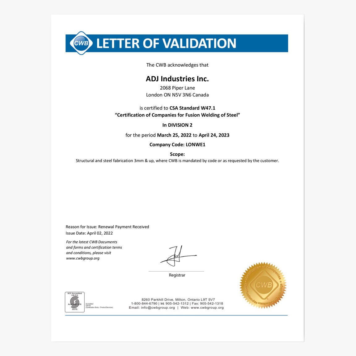 ADJ Industries Inc. CSA Standard W47.1 Fusion Welding Steel CWB Certificate